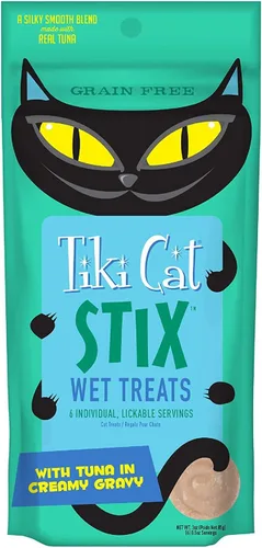 Vista 2 de Tiki Cat Stix - Golosinas húmedas Tiki Cat Stix sin granos, mezcla suave y sedosa en salsa cremosa de atún y pollo, con 10 toallitas para mascotas