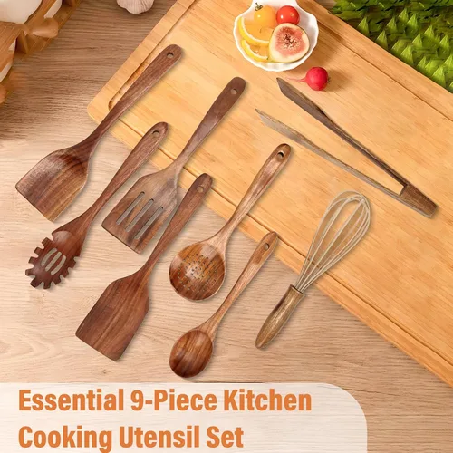 Vista 7 de Juego de utensilios de cocina de madera, cucharas de madera de teca resistentes al calor para cocinar (9 piezas con soporte)