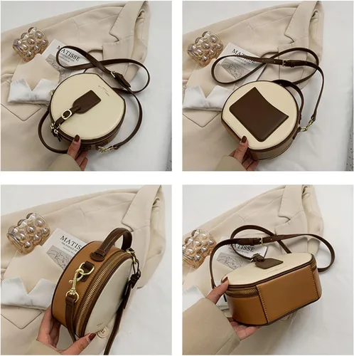 Vista 2 de Bolso redondo de cuero occidental para mujer, bolso redondo retro con asa superior con correa