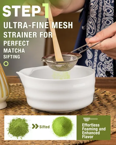 Vista 5 de Juego de batidor de matcha blanco – Juego de 5 piezas incluye chawan de 17 onzas con boquilla, batidor de bambú Chasen con soporte de cerámica