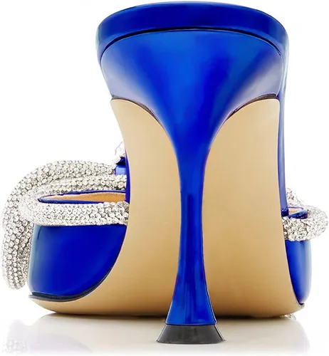 Vista 6 de MIRAAZZURRA Sandalias de tacón alto para mujer, con punta puntiaguda, diamantes de imitación de cristal, sandalias con lazo, sin espalda, zapatos