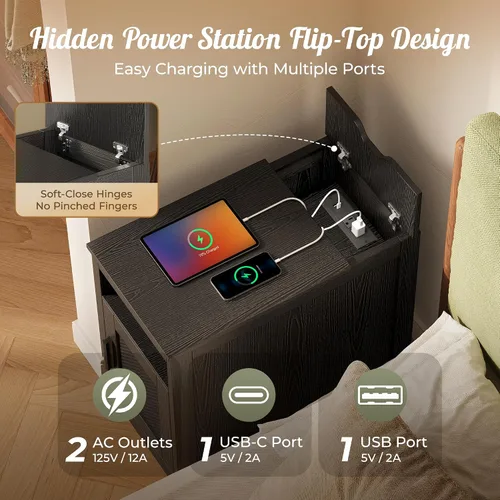 Vista 4 de Huuger Mesita de noche estrecha, mesa auxiliar con estación de carga, puerto USB-C, mesa auxiliar de ratán con gabinete y estante abierto, ratán
