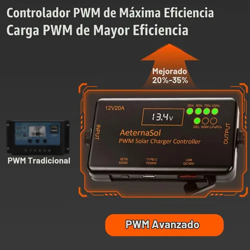 Vista 5 de Controlador de carga solar PWM 12V 20A para LiFePO4, AGM, batería de gel