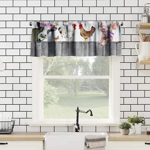 Vista 2 de Cenefa de ventana de animales de granja, cenefa de cortina corta vintage de cerdo, vaca, pollo, para dormitorio, baño, sala de estar, cocina, Granja