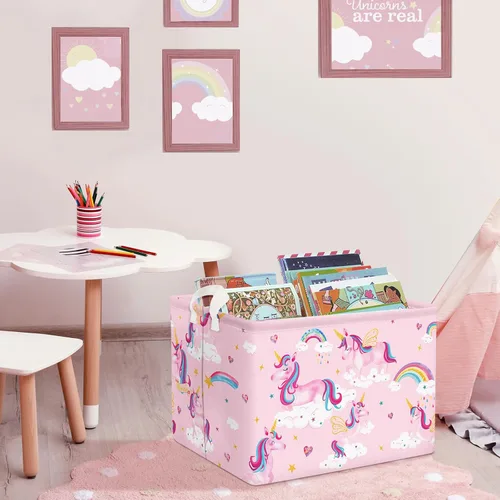 Vista 2 de Clastyle Adorable cesta de estante de unicornios rosados para niños, diseño de nube, corazón, arco iris, cesta de regalo rectangular para ropa