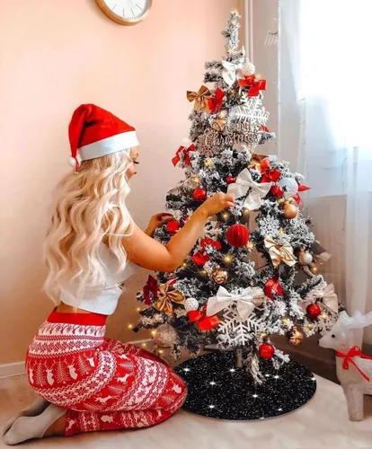 Vista 4 de FUHSY Falda de árbol de Navidad negra de 21 pulgadas, falda de árbol de lentejuelas brillantes, faldas de árbol de Halloween de terciopelo suave