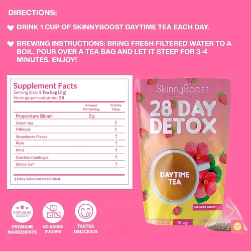 Vista 2 de SkinnyBoost - Kit de té desintoxicante de 2 paquetes – 1 de día HIBISCO (28 bolsas) + 1 de noche MANZANA CANELA (14 bolsas) – Desintoxicación herbal