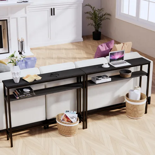 Vista 2 de Timberer Mesa consola estrecha, mesa de sofá de 39.4 pulgadas con estante ajustable, mesa delgada de 2 niveles para pasillo, entrada, sala de estar