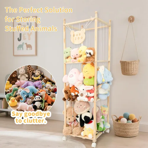 Vista 5 de Organizador de zoológico de almacenamiento de animales de peluche, soporte alto de torre de madera para juguetes de peluche grandes, exhibición