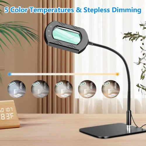 Vista 3 de Lupa grande 15X con luz y abrazadera, 5 modos de color regulable continuo, lupa iluminada con soporte manos libres, lupa de lectura flexible