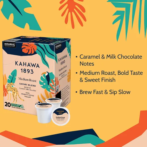 Vista 2 de Kahawa 1893 Café de Tostado Medio K-Cup Pods Mezcla Safari (20 Unidades) - Visto en Shark Tank, Alto en Antioxidantes, Naturalmente Dulce