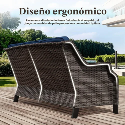 Vista 4 de Sofá de mimbre para patio al aire libre, sofá de 3 plazas, sofá de ratán con asiento profundo y cojines de olefina, respaldo alto, todo tipo de Azul