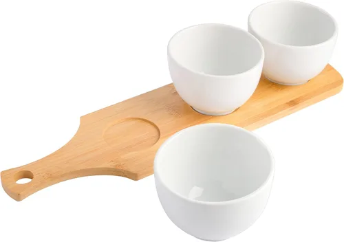 Vista 2 de Gibson Home Gracious - Vajilla de comedor, juego de 3 cuencos Tidbit con bandeja de bambú, color blanco, cuenco Tidbit de 3 piezas con bandeja