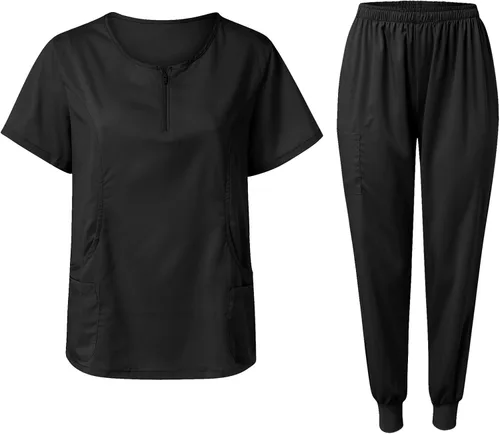 Vista 7 de Conjunto de uniforme médico para mujer, elástico en 4 direcciones, bolsillos ligeros, cuello en V, conjunto de ropa quirúrgica con cordón elástico