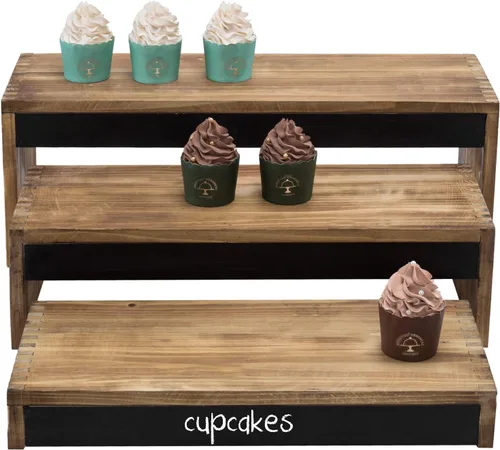 Vista 4 de MyGift Soportes elevadores rústicos de madera quemada de 21 pulgadas para tartas/postres con paneles de pizarra