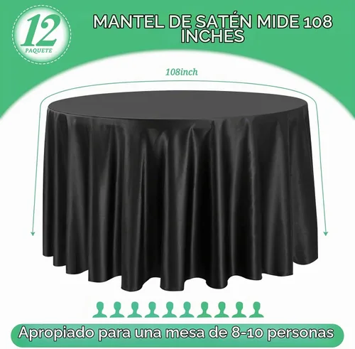 Vista 2 de fani Mantel de satén negro, paquete de 12 manteles redondos de seda de 108