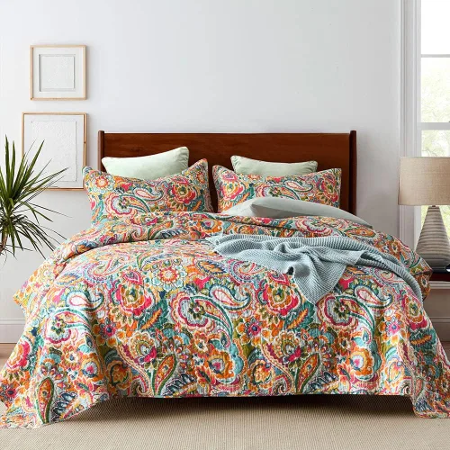 Vista 11 de VISIMISI - Juego de colchas de algodón, juego de cubrecama reversible con estampado floral de cachemira bohemio, patrón rojo bohemio hermoso