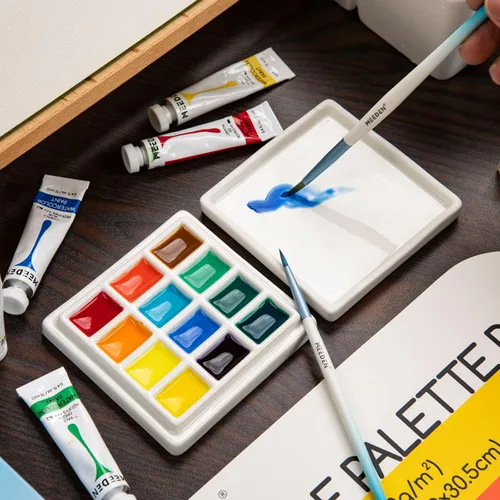 Vista 6 de MEEDEN Paleta de acuarela de cerámica con tapa, bandeja de mezcla de porcelana blanca de 12 pocillos, paleta de pintura para artista con tapa