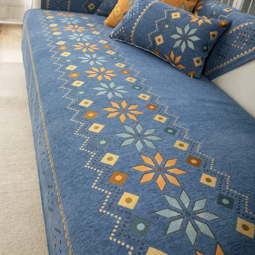 Vista 4 de Funda de sofá de chenilla para sofá modular, diseño geométrico bohemio y jacquard antideslizante, protector de muebles para niños, perros y Azul