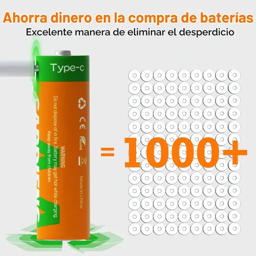 Vista 6 de Baterías AA recargables USB 2800mWh Baterías AA recargables 1.5V doble A batería con cable de carga USB-C 4 en 1 e indicador de carga LED, paquete