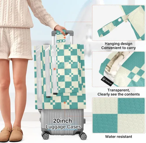 Vista 2 de Teal Beige Checkered 3pcs Travel Packing Storage Bags Portable Organizer Closet Storage Suitcase Organizer Bag Travel Suitcase Organizer
