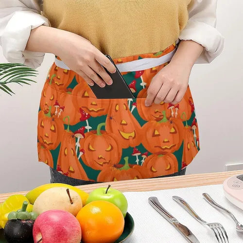 Vista 3 de Divertido delantal de cintura con patrón de calabaza de Halloween con 3 bolsillos, medio corto, para camarero, restaurante, cocina, delantales