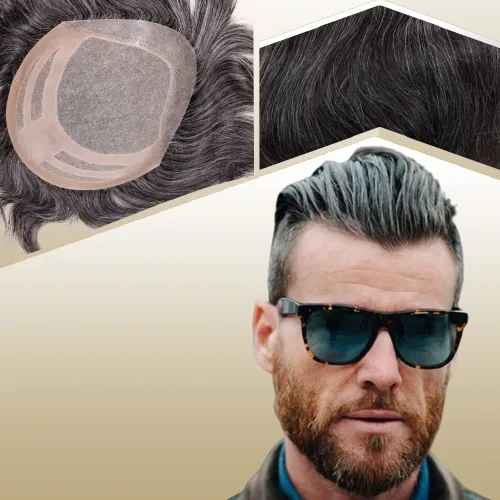 Vista 20 de Sistema de reemplazo de cabello humano para hombre, tupé para hombre, piel fina con parte superior de encaje mono y la parte trasera de poliuretano