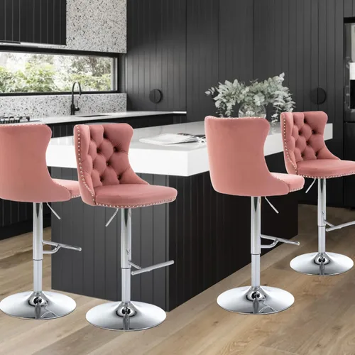 Vista 296 de SoarFlash Juego de 2 taburetes de bar tapizados de terciopelo moderno con patas de madera, botones acolchados, cabeza de clavo cromada, asiento