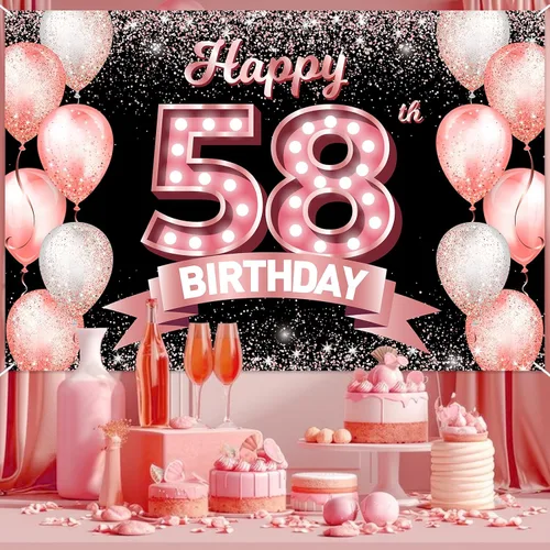 Vista 136 de Cartel de feliz cumpleaños décimo oro rosa, telón de fondo, saludos a 10 años, globos de confeti, decoración temática para niñas de 10 años