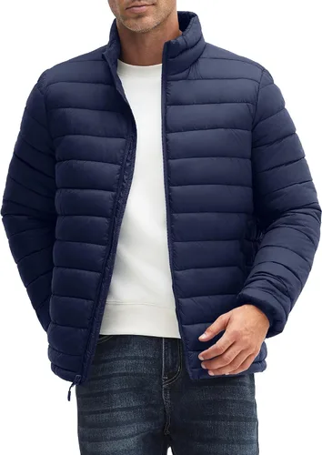 Vista 7 de WHN Chaqueta acolchada para hombre, ligera, impermeable, resistente al viento, cuello alto, con cremallera completa, con 3 bolsillos