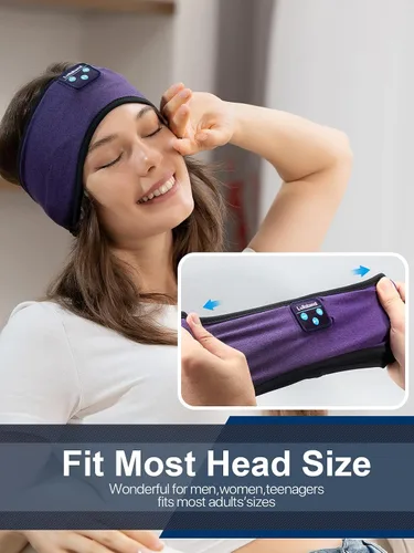 Vista 7 de Lullaband Diadema Bluetooth para dormir de lado, cómoda diadema con micrófono de altavoz fino, regalo manos libres Púrpura oscuro