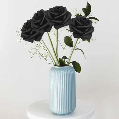 Vista 9 de 25 rosas realistas negras, flores artificiales de espuma de látex con tallos flexibles y 8 hojas para decoración de bodas, hogar y fiestas Negro