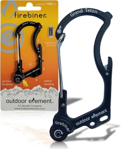 Vista 14 de OUTDOOR ELEMENT Firebiner Custom Engraved 6-in-1 Fire Starter Carabiner Multitool – Survival Gear EDC Keychain with Utility Blade, Bottle Opener