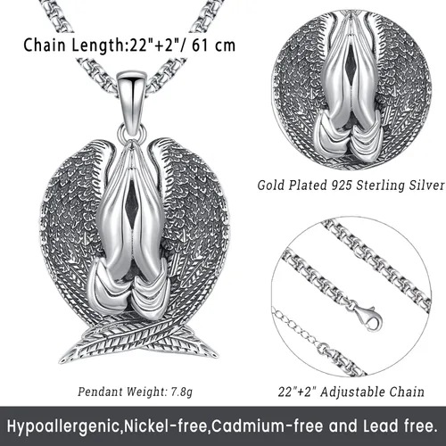 Vista 5 de Praying Hands - Joyería religiosa de plata esterlina 925 chapada en oro para mujeres y hombres, alas de ángel, cristales de oración de serenidad