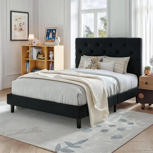 Vista 3 de HOMBCK Base de cama de tamaño individual con cabecera, base de cama tapizada con plataforma de lino para niños, base de cama de tamaño individual