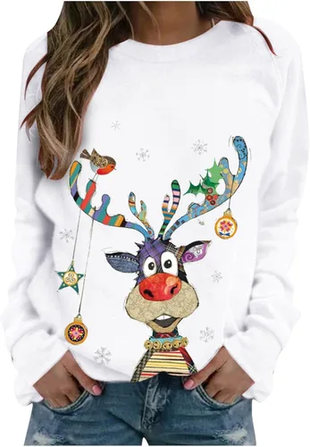 Vista 2 de Rikbuig Sudaderas de Navidad para mujer, lindo estampado de alce, cuello redondo, forro polar, suéter de otoño para festivales