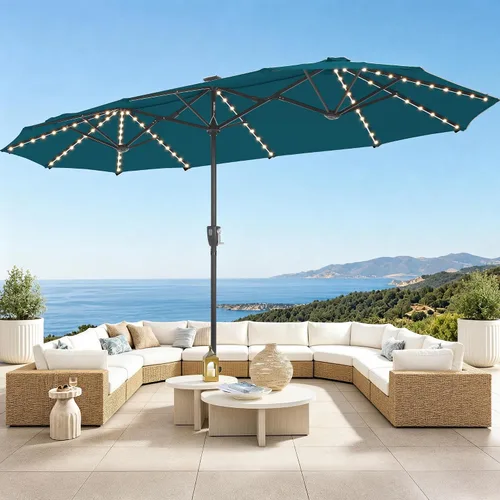 Vista 12 de PHI VILLA - Sombrilla para patio de 13 pies con luces LED de 120 piezas con alimentación solar que cambian de color, sombrilla grande de triple Beige