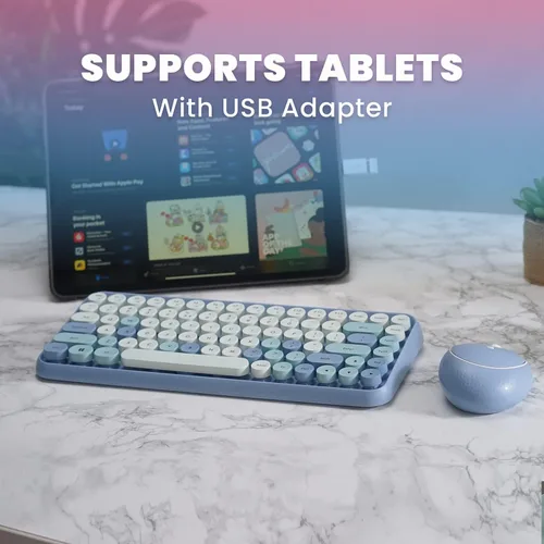 Vista 6 de Perixx PERIDUO-713BL Combo de Teclado y Ratón Inalámbrico Mini - Teclas Redondas Retro - Azul Pastel - Diseño de Teclado Inglés de EE. UU. (11909)