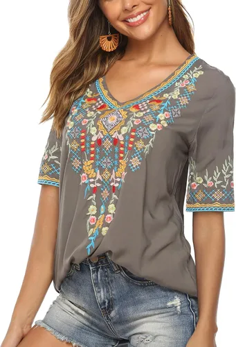 Vista 4 de AK Blusa casual de verano con cuello en V para mujer, estilo bohemio, bordado, mexicano, campesino, de manga corta, blusa casual suelta