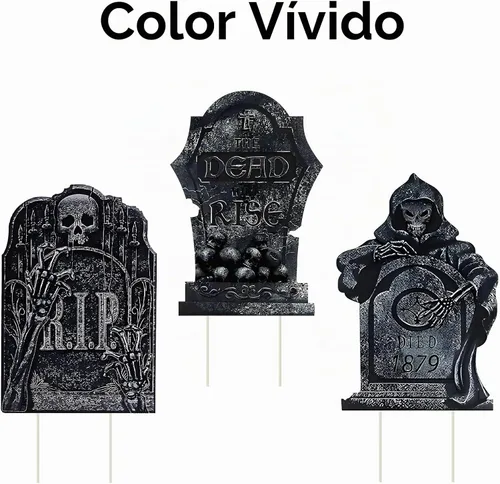 Vista 6 de Letreros de patio de lápida de Halloween de 17 pulgadas con estacas - Marcadores de césped - Paquete de 3