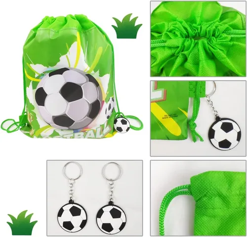 Vista 3 de Paquete de 12 bolsas de regalos de fiesta de cumpleaños con cordón de fútbol, bolsa de suministros de fiesta temática deportiva, paquete de regalo