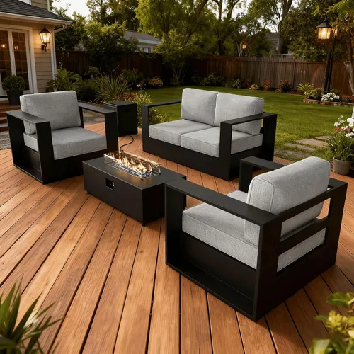 Vista 52 de LayinSun - Juego de muebles de exterior de aluminio de gran tamaño de 5 piezas con mesa auxiliar Negro/Gris oscuro