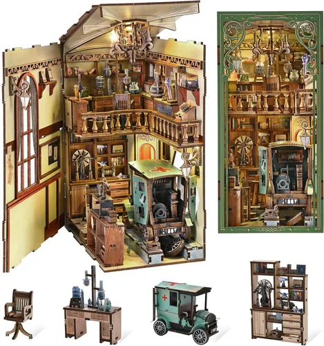 Vista 10 de CCCDF - Kit de manualidades para rincón de lectura de biblioteca, kit de casa de muñecas en miniatura, rompecabezas de madera 3D con luces LED