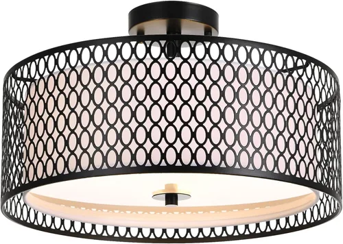 Vista 9 de Lámpara de techo semiempotrada de 17 pulgadas, moderna iluminación de techo E26 de doble tambor de 3 luces con jaula de malla de hierro negro mate