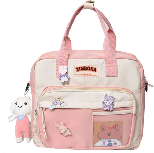 Vista 4 de BXCNCKD Mochila Kawaii linda con alfileres y colgante de felpa, bolsa de hombro para niña para la escuela y viajes (negro)
