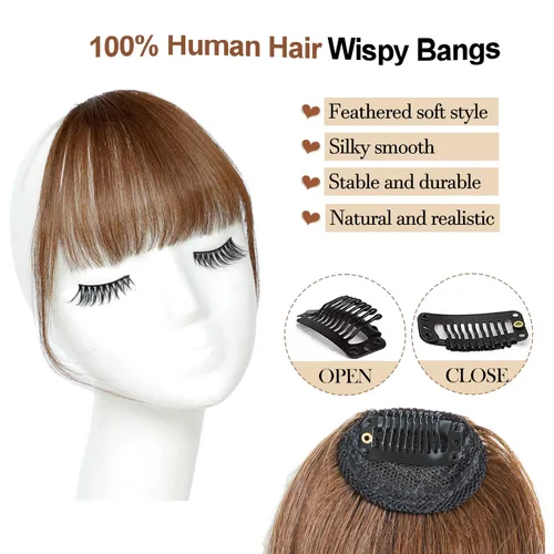 Vista 3 de Flequillo con clip, 100% cabello humano real, extensiones de cabello con clip, flecos con sienes para mujer, flequillo curvado, uso diario