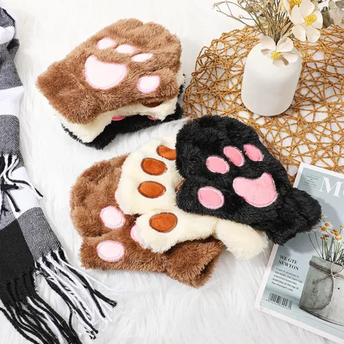 Vista 4 de SATINIOR 3 pares de guantes de pata de gato, guantes sin dedos, guantes de felpa de invierno para mujeres y niñas