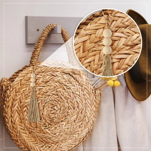 Vista 6 de Taiyin 40 juegos de borlas de yute con 3 cuentas de madera, cuerda de yute natural, borlas de arpillera para árbol de Navidad, manualidades, cuentas