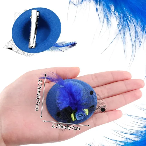 Vista 2 de 12 sombreros de fiesta de té para niñas pequeñas, mini tocado decorativo con flores, lazo de malla de plumas sintéticas, pasador de pelo, horquilla