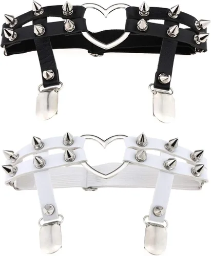 Vista 14 de Ligueros con corazón, de cuero, sexy para mujeres, punk rock, remaches, para pierna, 2 unidades Negro
